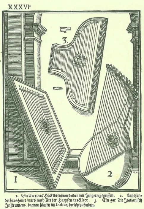 Framed Print : Early Italian stringed instruments. 1: A kind of Hackbret, 2: Lute-shaped instrument strung to be played like a harp, 3: Old Italian instrument played by plucking. Woodcut from Michael Praetorius Syntagma Musicum, 1615-1620 Framed Print : Early Italian stringed instruments. 1: A kind of Hackbret, 2: Lute-shaped instrument strung to be played like a harp, 3: Old Italian instrument played by plucking. Woodcut from Michael Praetorius Syntagma Musicum, 1615-1620