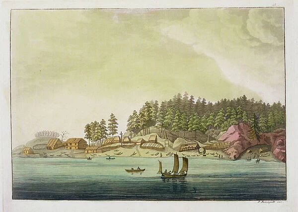 Early settlement of Vancouver (colour engraving)