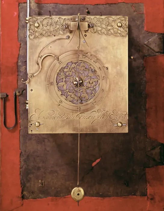 Framed Print : Early weight-driven pendulum clock, detail of chime control mechanism, built by Johannes van Ceulen