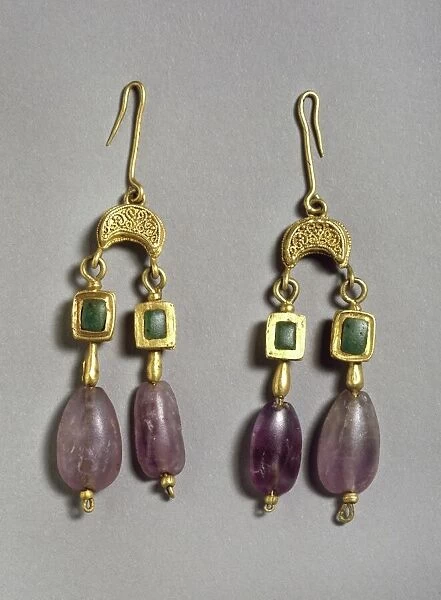 Earrings, c. 1st century (gold, amethyst and jade)