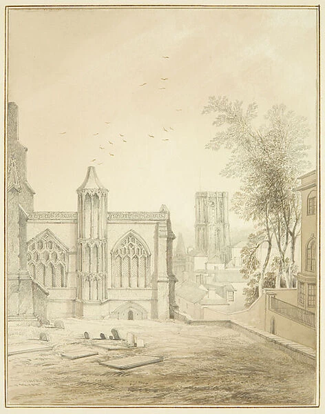 East end of St Mary Redcliffe, showing Temple Church (pencil & w  /  c on paper)