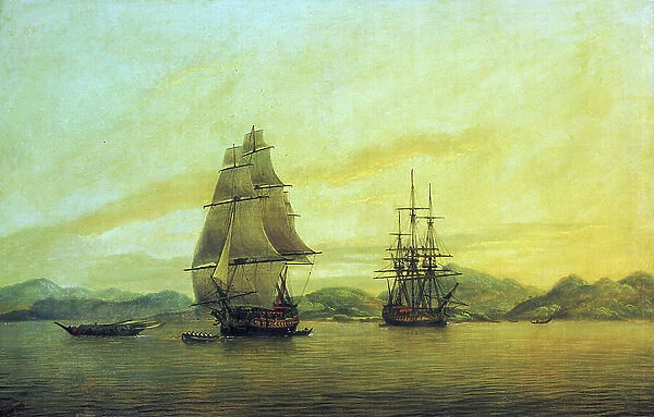 The East India Company trading ship Hindustan and other boats, including junks, anchored off the Chinese coast