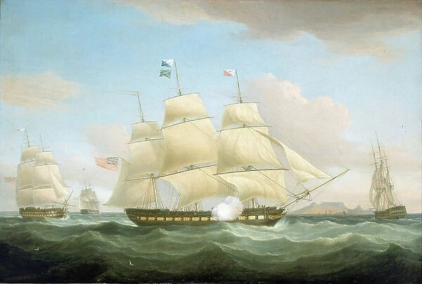 The East India Company trading vessels Minerva, Scaleby Castle and Charles Grant, off Cape Town (Cape Town), South Africa, with Table Mountain visible in the horizon