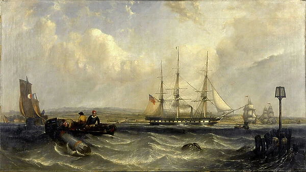 The East India Company's auxiliary steamship Earl of Hardwick in full navigation. Oil on canvas, 1839, probably G.W. Butland (active 1831-1843)