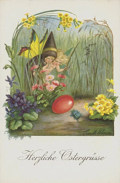 Easter greetings card depicting two fairies in a spring garden. (chromolitho)