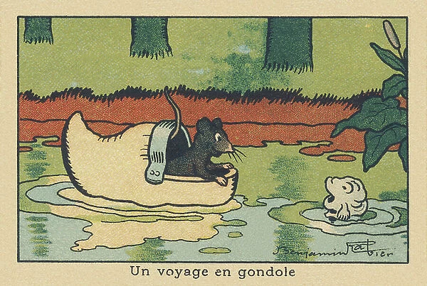 An ebahi fish watches a rat pass through a wooden hoof floating on the water. ' A gondola ride', 1936 (illustration)