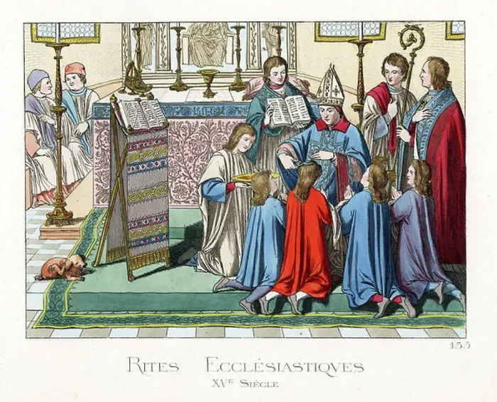 Framed Print : Ecclesiastical rite: la tonsure, 15th century - Ecclesiastical rite of tonsure, 15th century - Bishop in mitre, chasuble, dalmatic, alb and maniple, novices accepting the tonsure (haircut)