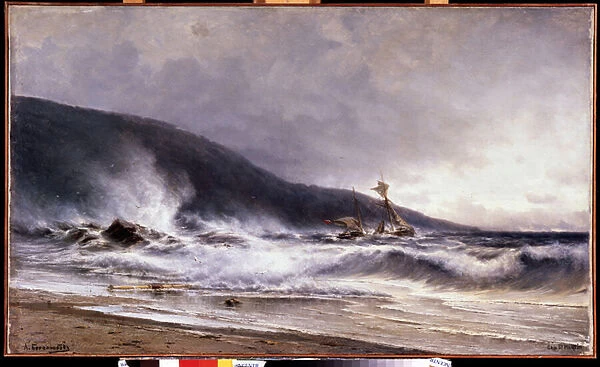 Ecume a Cap Martin (France) (Surf at cap Martin). Peinture de Alexei Petrovich Bogolyubov (Bogoliubov ou Bogolioubov) (1824-1896). Huile sur toile, 1854, 122 x 74 cm, art russe, paysage 19eme siecle