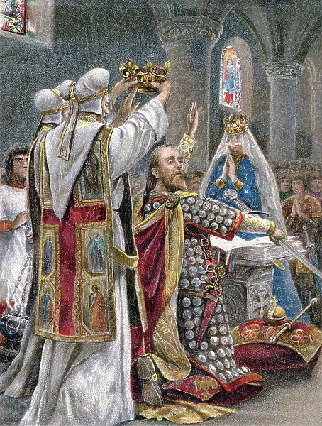 Edward the Confessor (Edoardo he confesses, 1004-1066) during his coronation on Easter Day 1043. Chromolithography diffused in 1902 during the festivities of the coronation of King Edward VII