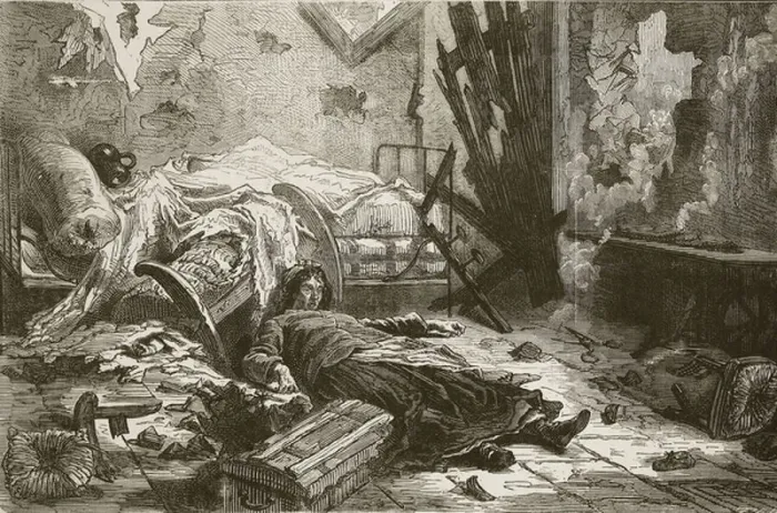 Framed Print : Effects of the explosion of a shell a house in the suburbs, May 1871, illustration from Cassells History of the War between France and Germany, 1870-1871 (litho)