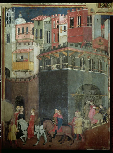 Effects of Good Government in the City, detail of architecture and citizens, 1338-40 (fresco)