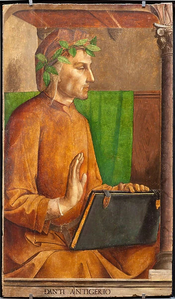 Effigy of Dante Alighieri (1265-1321), poet, Italian writer, author of the Divine Comedie, headdress of a liripion - Painting by Juste of Ghent (Joos van Wassenhove) (circa 1435-around 1475) and Pedro Berruguete (circa 1450-before 1504)