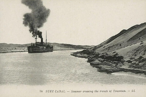 Egypt: Steamer crossing the trench of Toussoun (b / w photo)