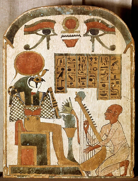 Egyptian antiquite: wooden stele of harpist Jedkhonsuiufankh worshipping the god Re