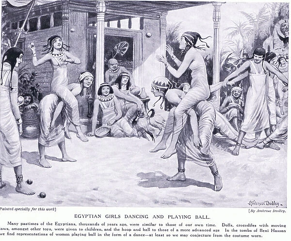 Egyptian girls dancing and playing ball, c. 1920 (litho)