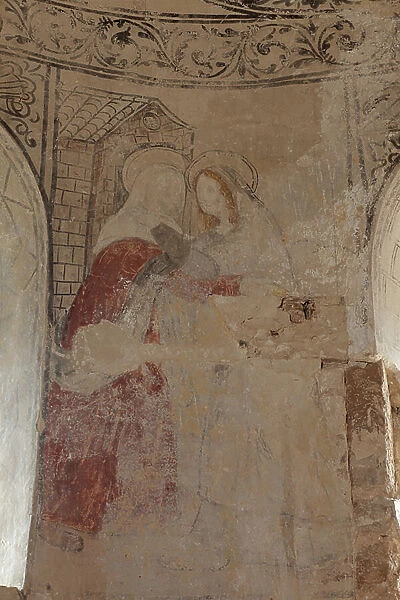 El Palau de Rialb. The church. Interior. The apse. Wall paintings.The announciation (?). Romanesque. 12th century