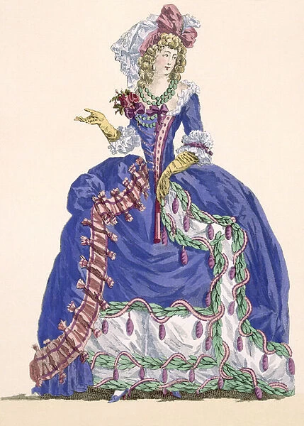 Elaborate court dress in electric blue with tassel edging, engraved by Dupin, plate no