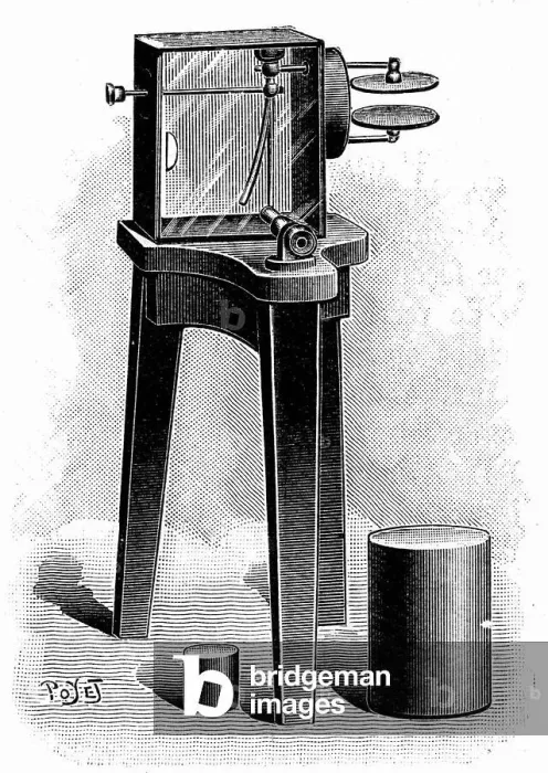 Framed Print : Electroscope fitted with microscope, used in the Curies laboratory, Paris, to detect presence of radioactivity. Engraving published 1904