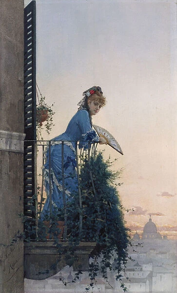 An Elegant Beauty on a Balcony looking out over Rome, with the Dome of St Peter in