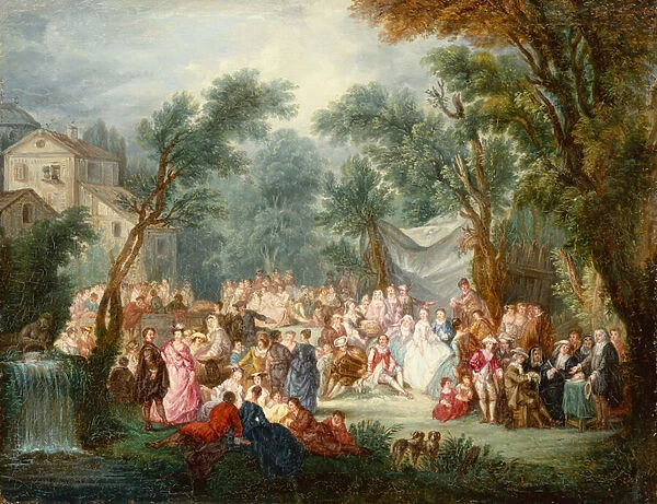 Elegant Company, Out of Doors with the Arrival of the Bridal Couple (oil)