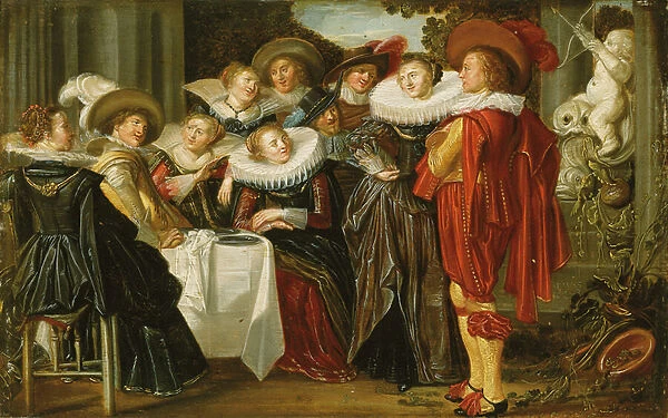 An elegant company lunching on a terrace, 1623 (oil on panel)