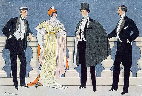 Elegant evening dress for men and women, illustration from L Homme Elegant
