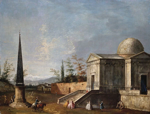 Elegant Figures in front of a Domed Classical Church, an Obelisk to the Left