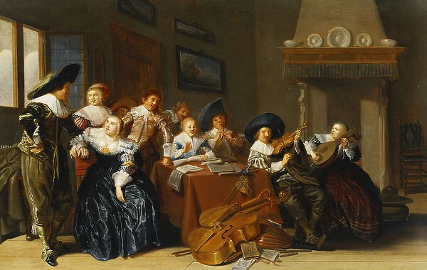 Elegant Figures with Instruments Seated at a Table and a Young Lady Singing in a Interior