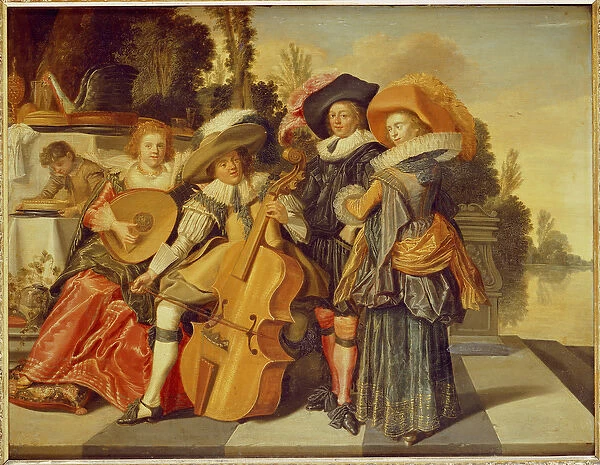 Elegant Figures making Music on a Terrace by a Lake (oil on panel)