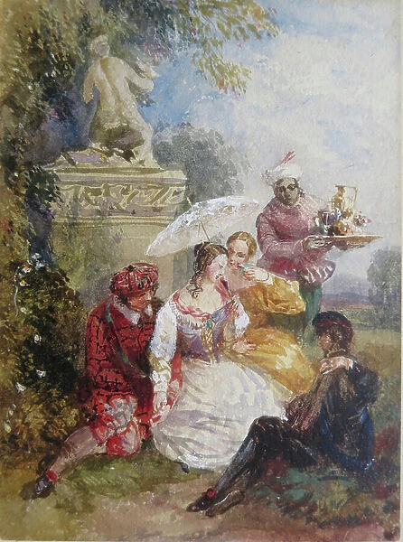 Elegant guests at a Country House Fancy Dress Party, 19th century (watercolour)