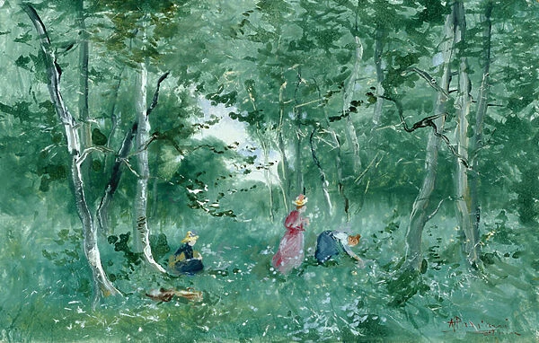 Elegant Ladies Picking Flowers in a Wood (bodycolour on card)