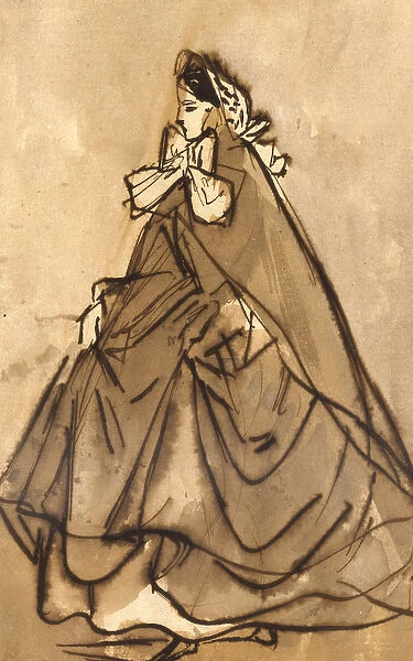 An Elegant Lady (brown ink & wash on paper)
