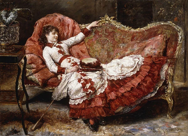 An Elegant Lady in a Red Dress, (oil on canvas)