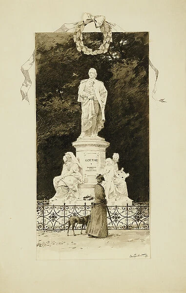 An Elegant Lady at the Statue of Goethe, 1888 (pen and ink)