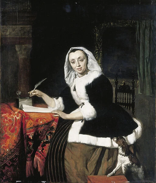 An elegant lady writing at her desk, with a dog beside her (oil on panel)
