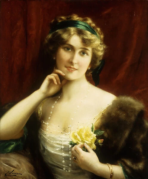 An Elegant Lady with a Yellow Rose (oil on canvas)