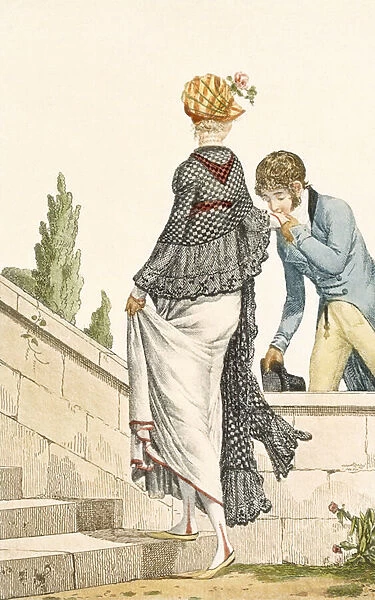 Elegant Ladys walking dress with check cape, 1789, illustration from