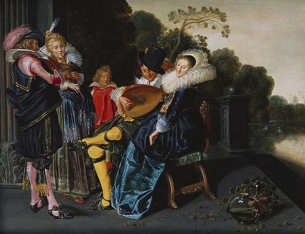 An Elegant Party making Music by an Ornamental Lake (oil on panel)