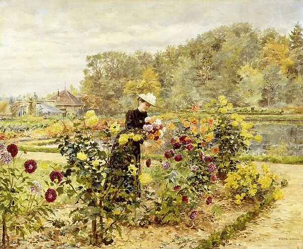 An Elegant Woman in a Rose Garden, (oil on canvas)
