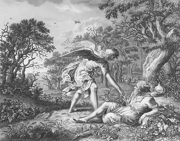 Elijah comforted by an Angel, 1 Kings, Chapter 19, Verses 4-8 (engraving)