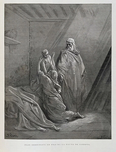 Elijah Raises the Son of the widow of Zarephath, Illustration from the Dore Bible, 1866