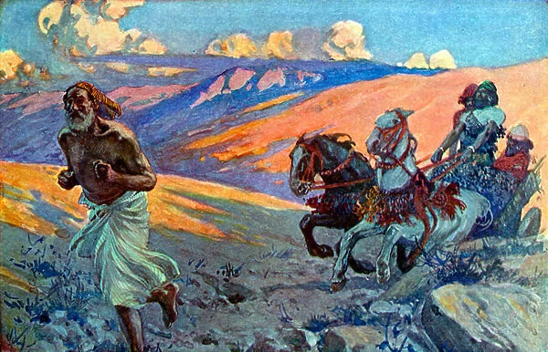 Elijah runs before the chariot of Ahab - Bible