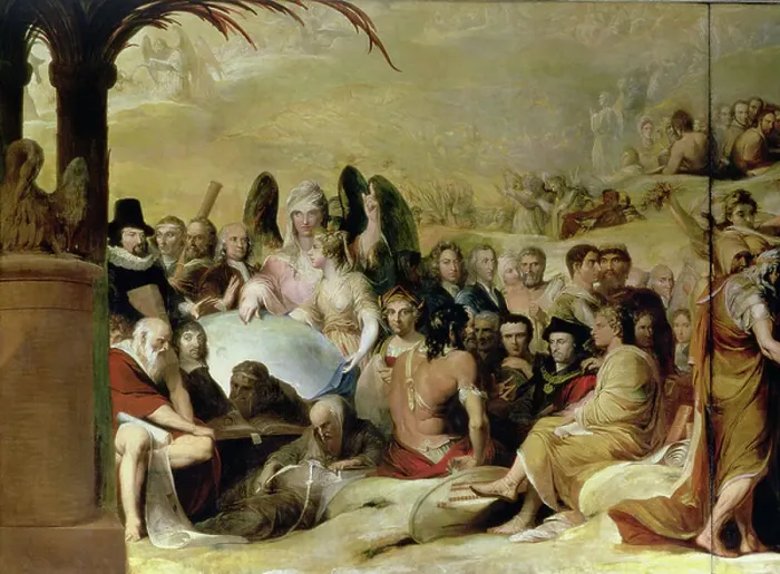 Framed Print : Elysium, or The State of Final Retribution, sixth in series of The Progress of Human Culture and Knowledge c.1777-84, detail of scientists and philosophers looking at the Globe (oil on canvas) (see also 101465)