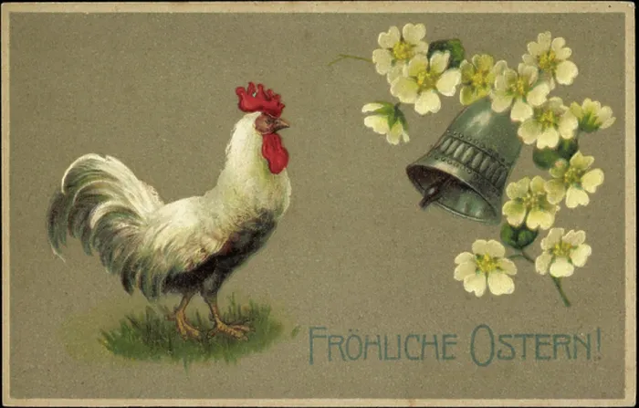 Framed Print : Embossing congratulations Easter, Rooster, Bell, Flowers