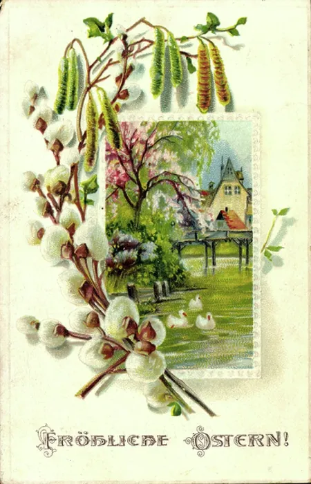 Framed Print : Embossing congratulations Easter, pond, house, tree