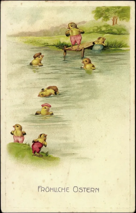 Framed Print : Embossing congratulations Easter, chicks bathing in the lake