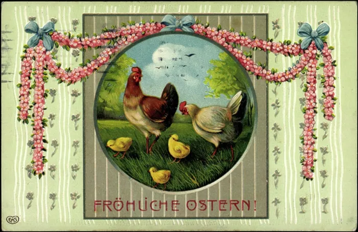 Framed Print : Embossing congratulations Easter, flower wreath, chick, hen Framed Print : Embossing congratulations Easter, flower wreath, chick, hen