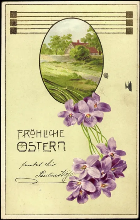 Framed Print : Embossing Litho Congratulations Easter, House, Trees, Violets