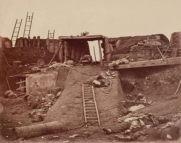 An embrasure after the assault at North Taku Fort, during the second China War, 1860 (b  /  w photo)