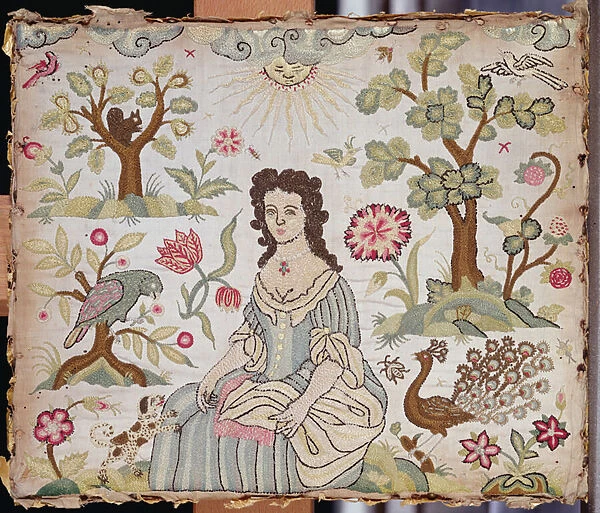 Embroidered panel depicting a lady in a garden, c. 1700 (silk)